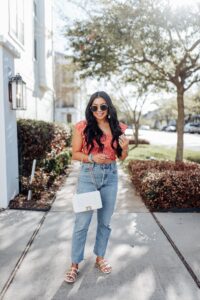 floral top and jeans outfit