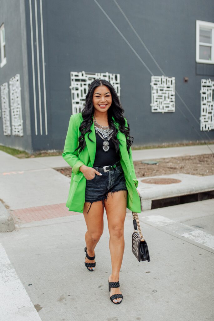 neon green blazer outfit