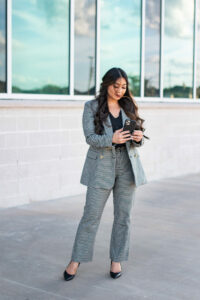 black and white pant suit