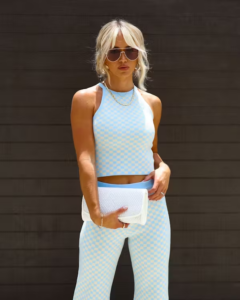 CAREFREE HALTER KNIT CROP TOP - CHECKERED BLUE