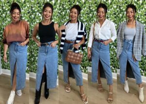 how to wear a denim midi skirt